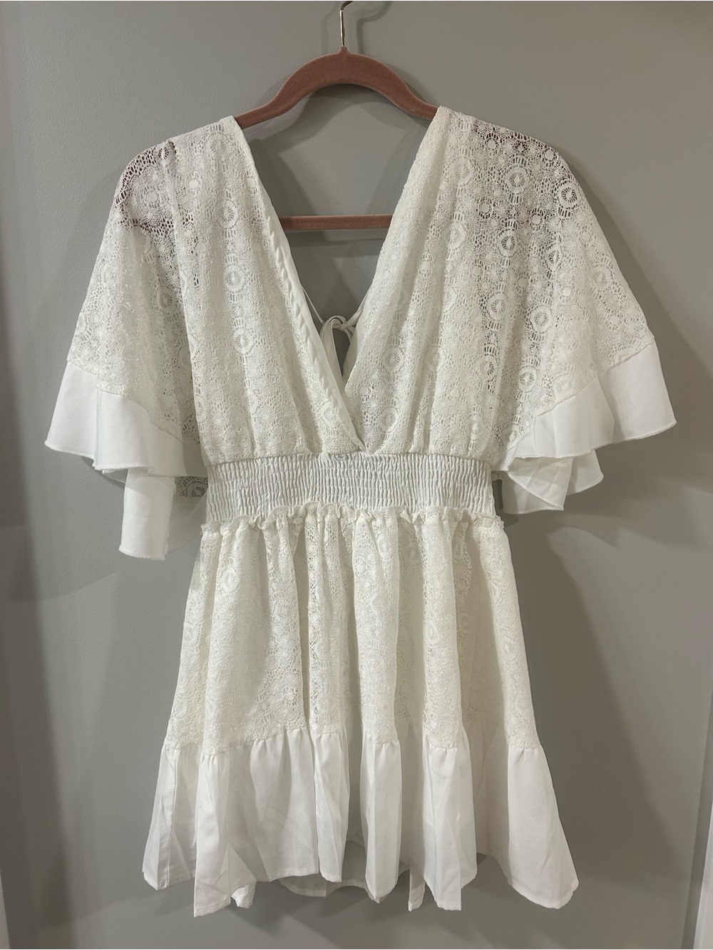 White Lace Flutter-Sleeve Dress